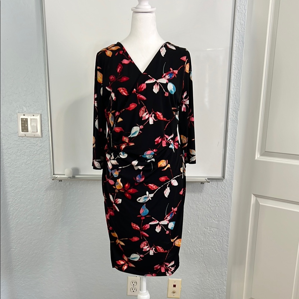 Jennifer Lopez Floral V-Neck Faux Wrap Dress - Black Multicolor